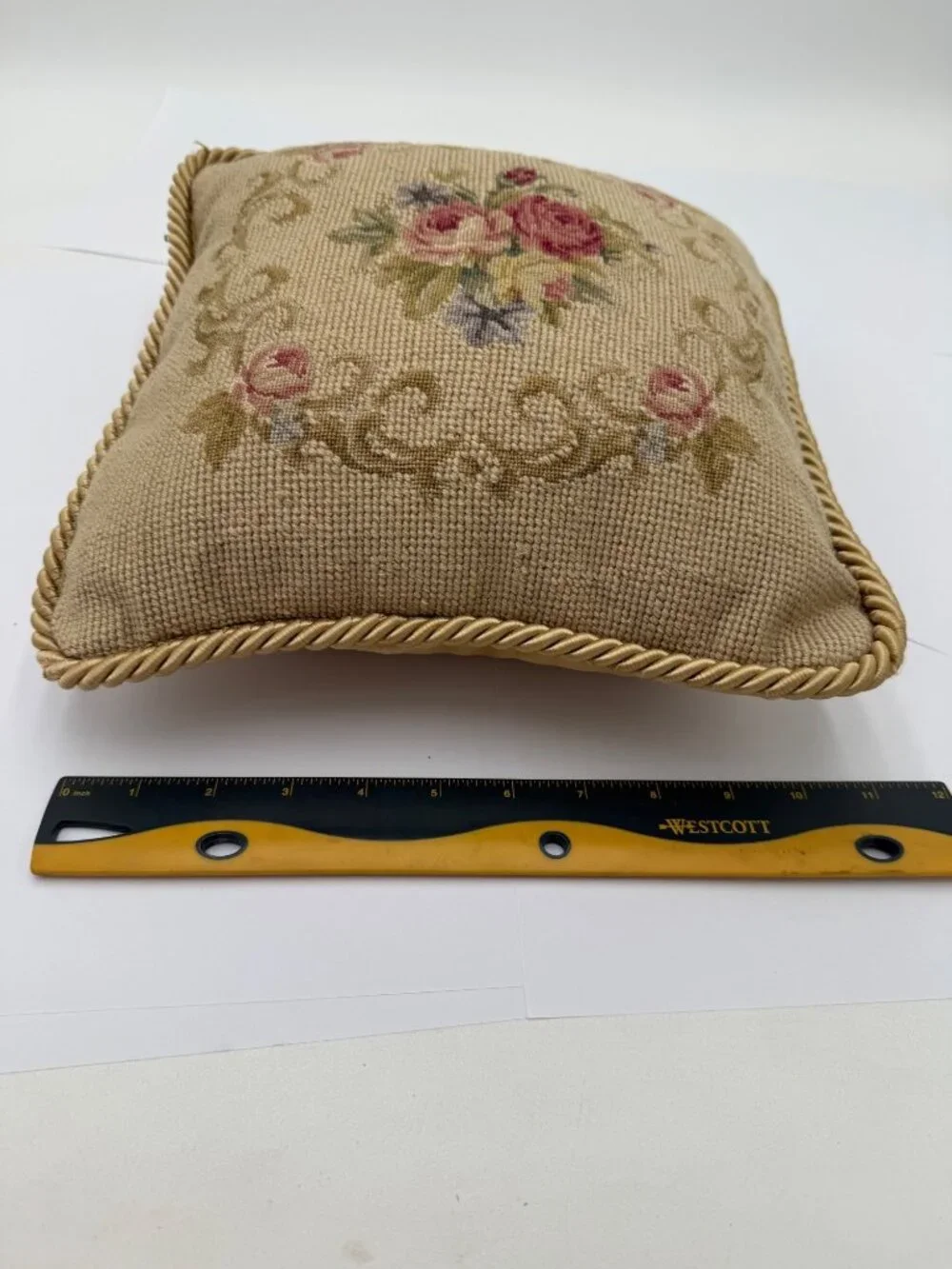 Vintage Floral Needlepoint Throw Pillow With Gold Rope Trim